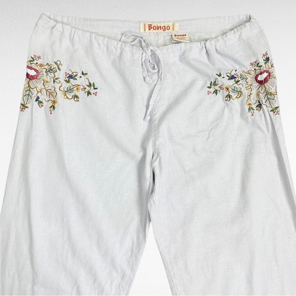 VINTAGE | BONGO Cotton White Linen Blend Embroidered Coastal Drawstring Pants - Picture 9 of 11